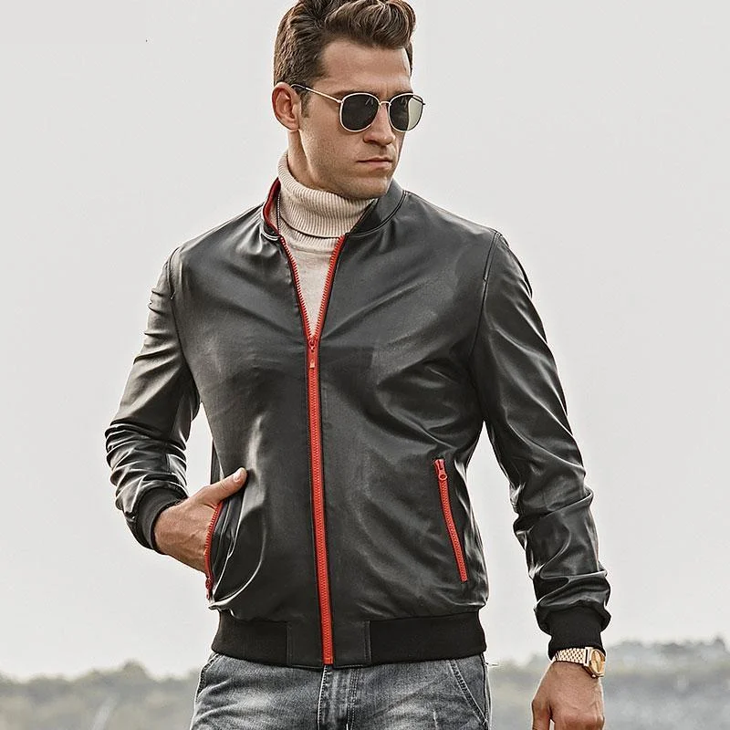 Men's Real Lambskin Slim Fit Motorcycle Jacket with Standing Collar