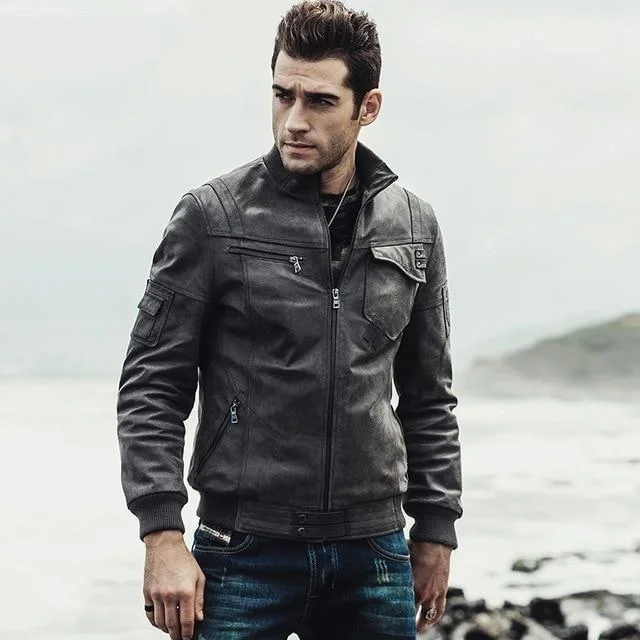 Men's Real Leather Cotton Padding Winter Warm Motorcycle Bomber Jacket