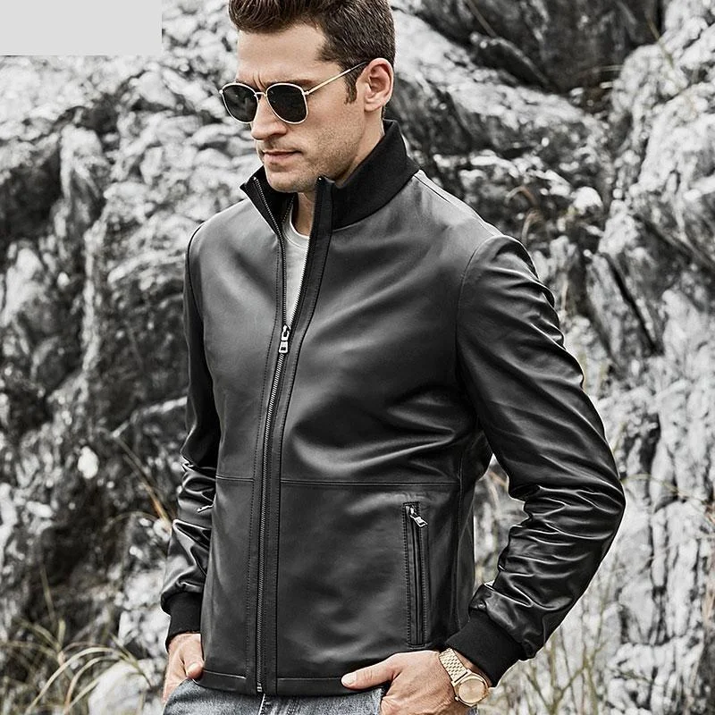 Men's Real Leather Rib Cuff Motorcycle Bomber Jacket with Standing Collar