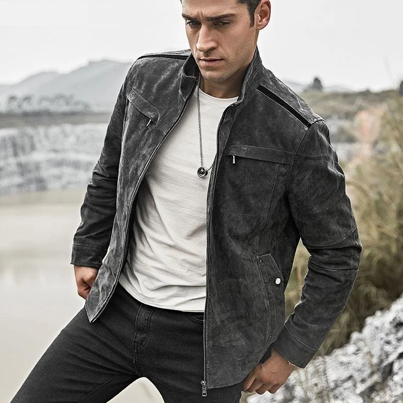 Men's Real Pigskin Leather Gray Biker Jacket with Standing Collar