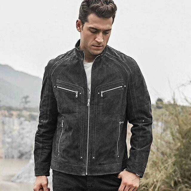 Men's Real Pigskin Leather Motorcycle Jacket with Zipper Closure