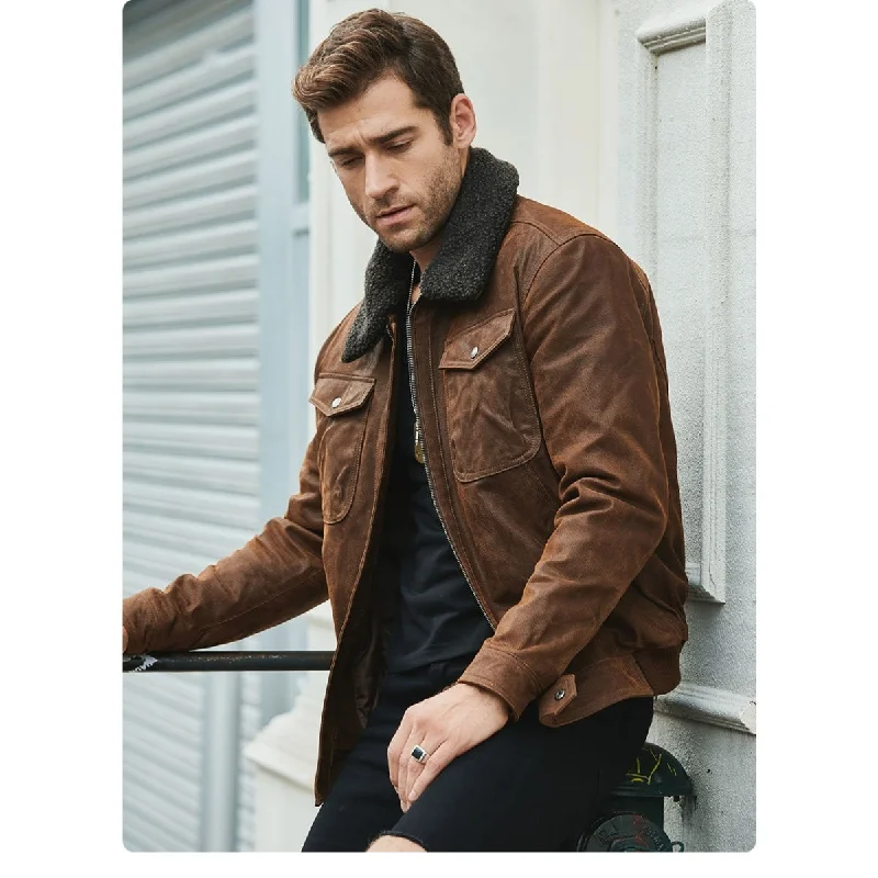 Men's Solid Real Leather Motorcycle Warm Jacket with Faux Fur Collar