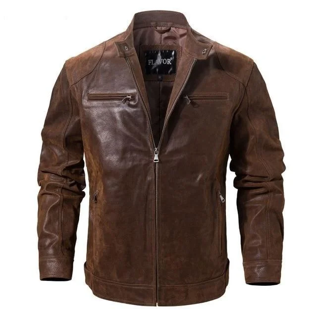 Regular Men's Real Pigskin Leather Solid Zipper Motorcycle Jacket