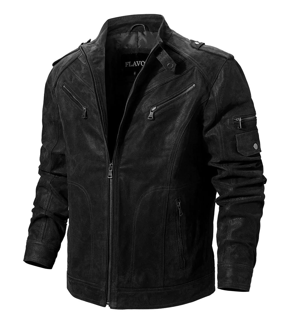 Regular Men's Solid Genuine Pigskin Leather Zipper Motorcycle Jackets