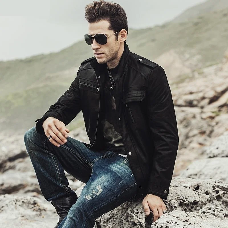 Retro Fashion Casual Men's Winter Motorcycle Genuine Leather Jacket