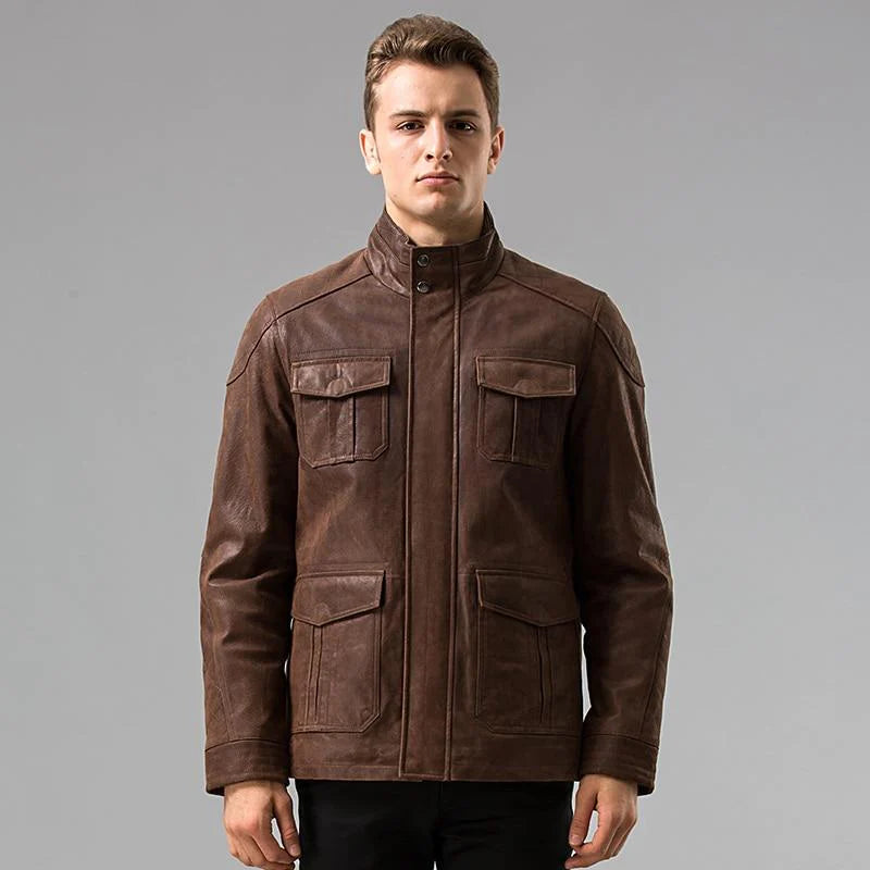 S-6XL Casual Men's Genuine Pigskin Leather Solid Motorcycle Jacket