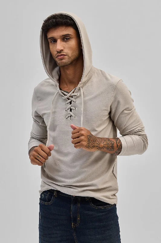 Beige Lace-Up Textured Hoodie