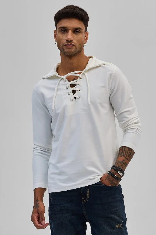 White Lace-Up Textured Hoodie