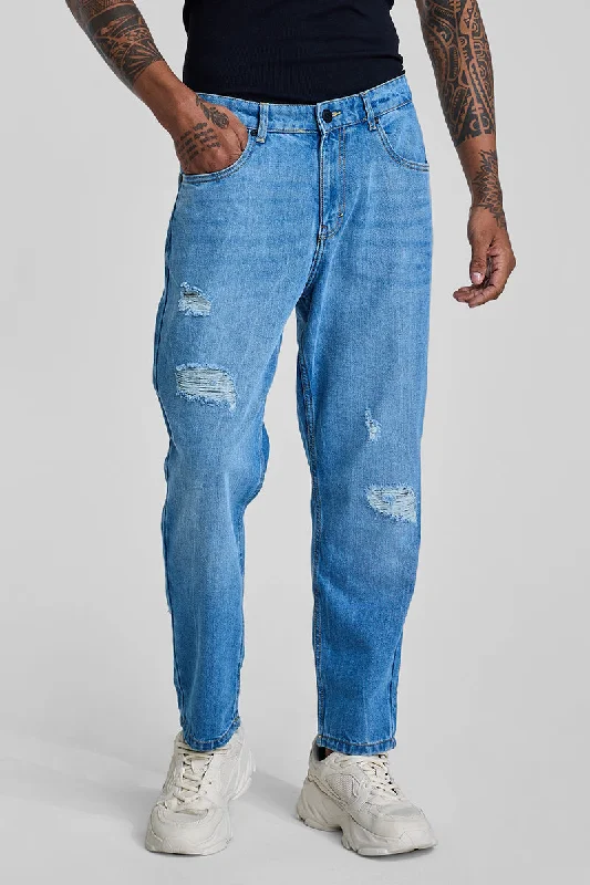 Blue Distressed Baggy Fit Jeans