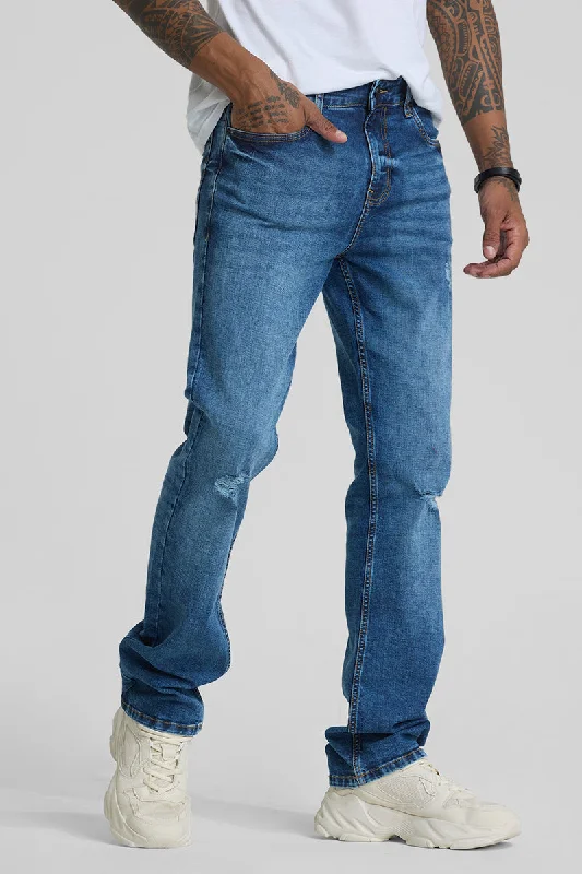 Blue Distressed Straight Fit Jeans