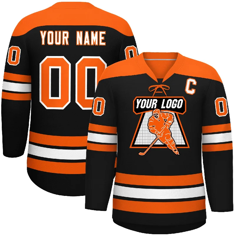 Custom Black Orange White Personalized Classic Lace-Up Neck Hockey Jersey