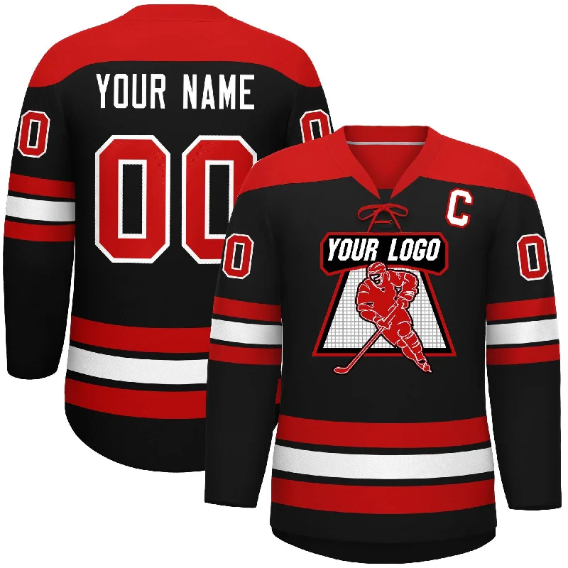 Custom Black Red White Personalized Classic Lace-Up Neck Hockey Jersey