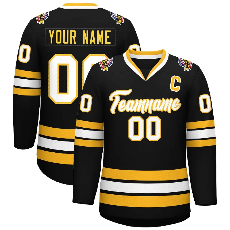 Custom Black White-Gold Classic Style Hockey Jersey