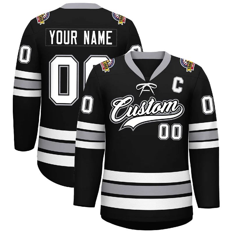 Custom Black White-Gray Lace-Up Neck Hockey Jersey