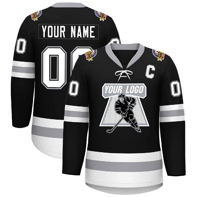 Custom Black White-Gray Lace-Up Neck Hockey Jersey