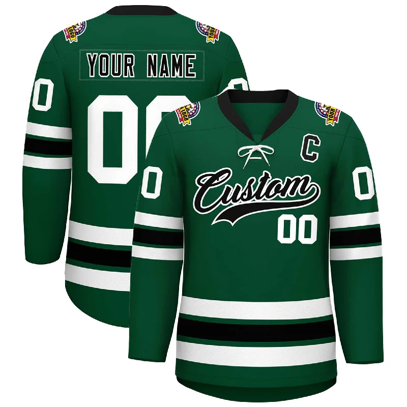 Custom Green Black-White Lace-Up Neck Hockey Jersey