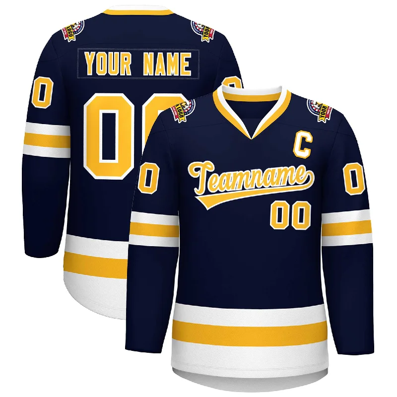 Custom Navy Gold-White Classic Style Hockey Jersey