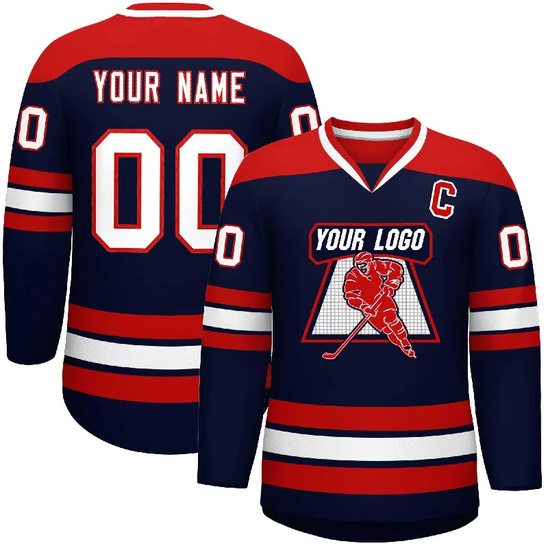 Custom Navy Red-White Personalized Classic V-Neck Hockey Jersey