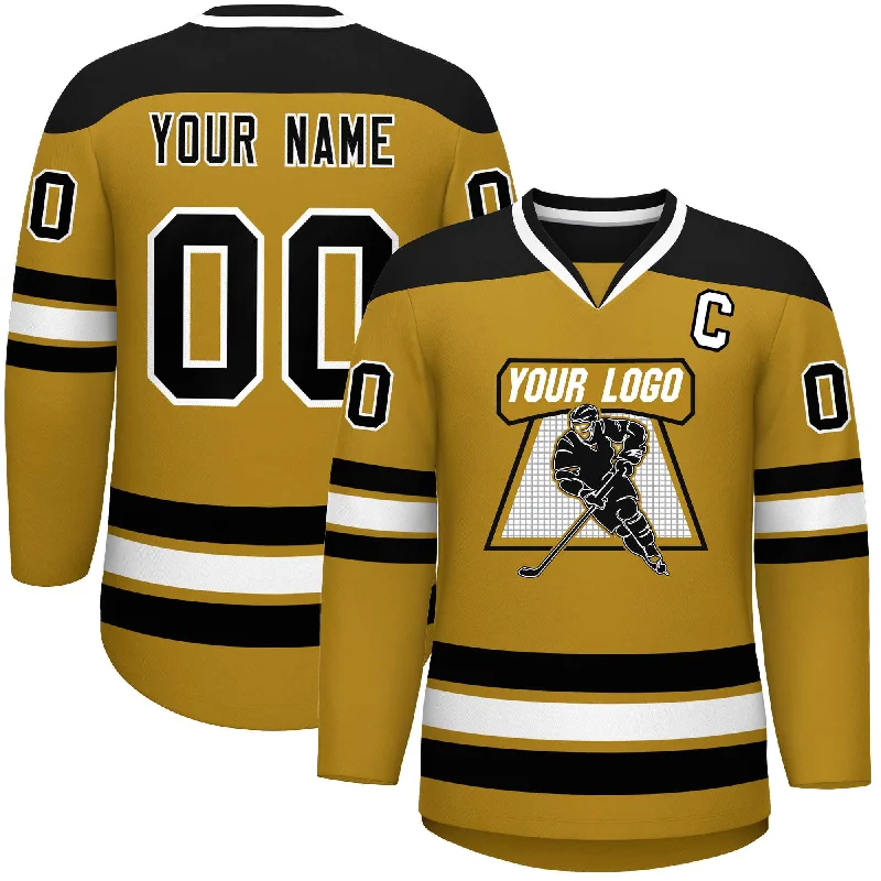 Custom Old Gold Black-White Personalized Classic V-Neck Hockey Jersey