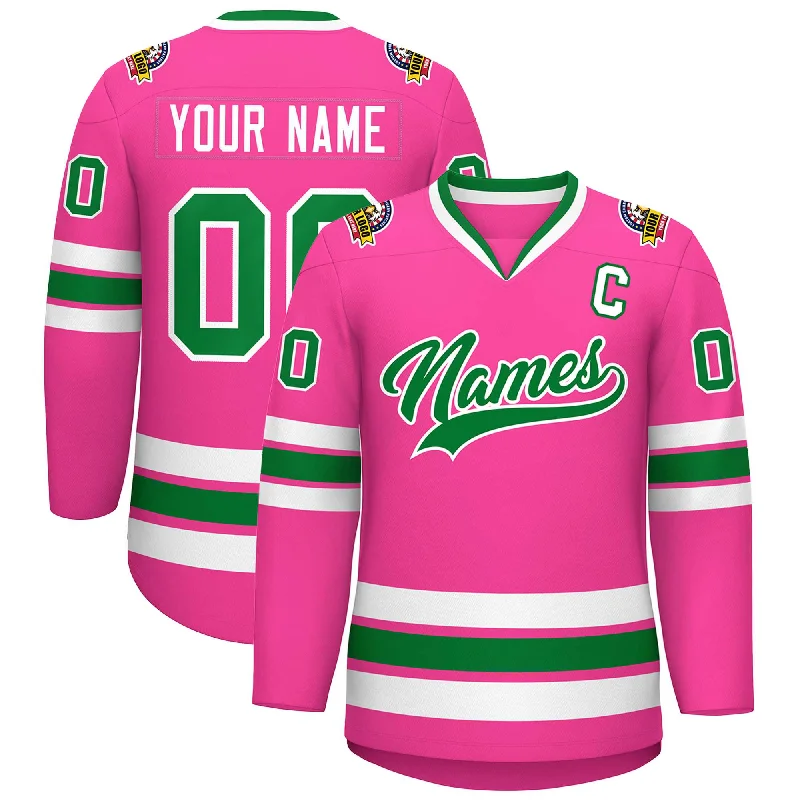 Custom Pink Kelly Green-White Classic Style Hockey Jersey