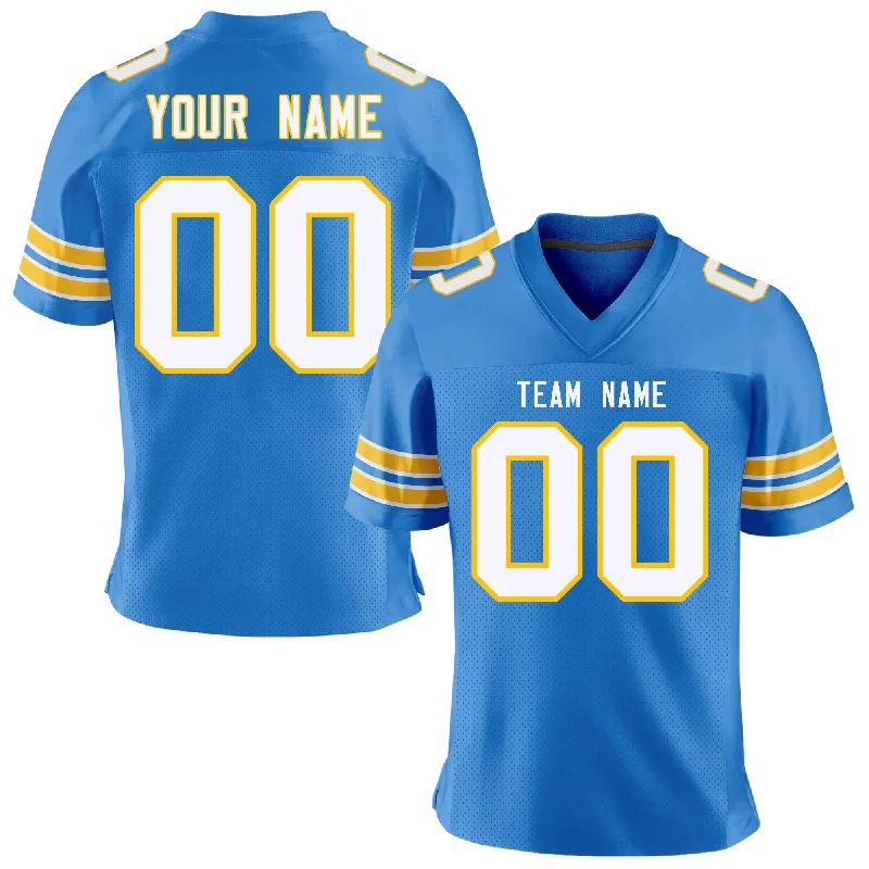 Custom Powder Blue White-Gold Personalized Classic Mesh Authentic Football Jersey