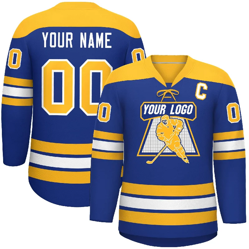 Custom Royal Gold White Personalized Classic Lace-Up Neck Hockey Jersey