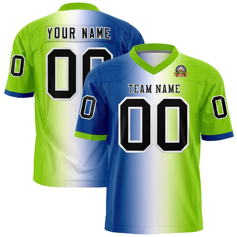 Custom Royal White-Neon Green Personalized Gradient Fashion Authentic Football Jersey