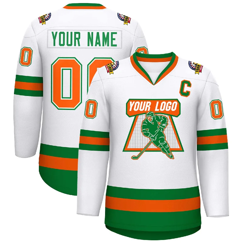 Custom White Kelly Green White-Orange Classic Style Hockey Jersey