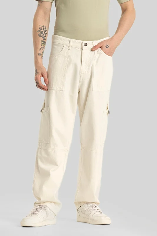 Emiliano Cream Plain Baggy Fit Jeans