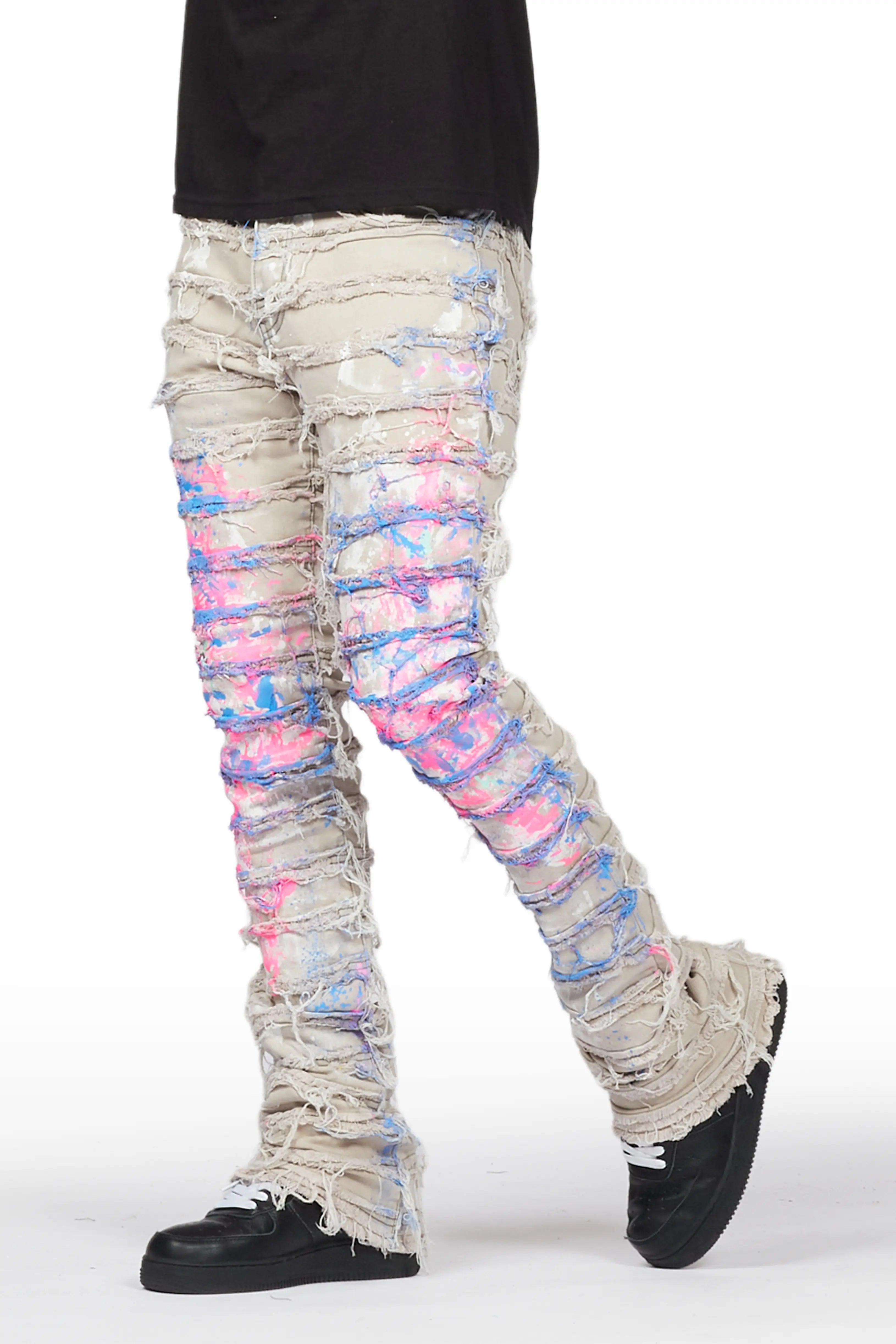 Qamar Pink/Blue Painter Stacked Flare Jean