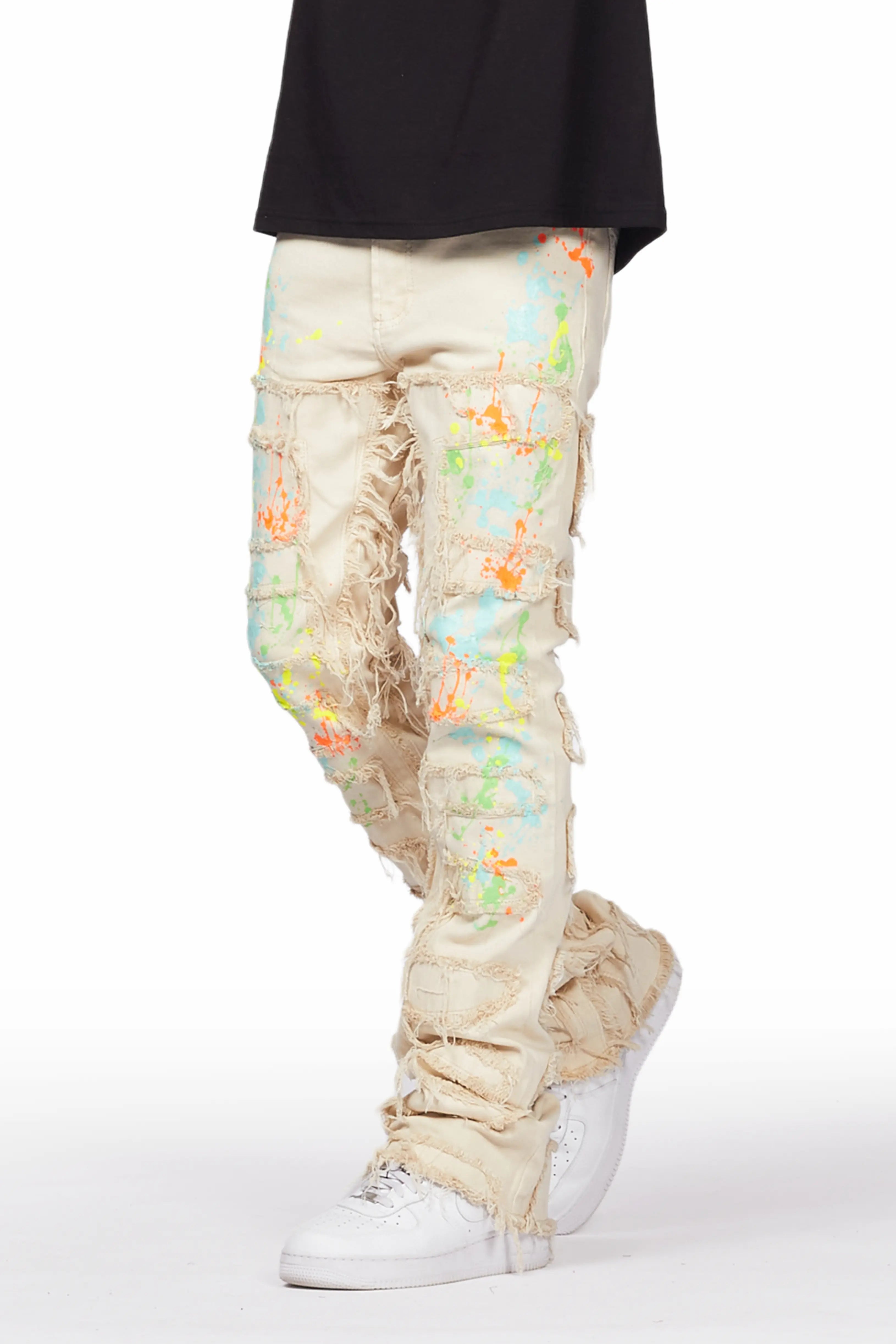 Tacito Beige Painter Stacked Flare Jean