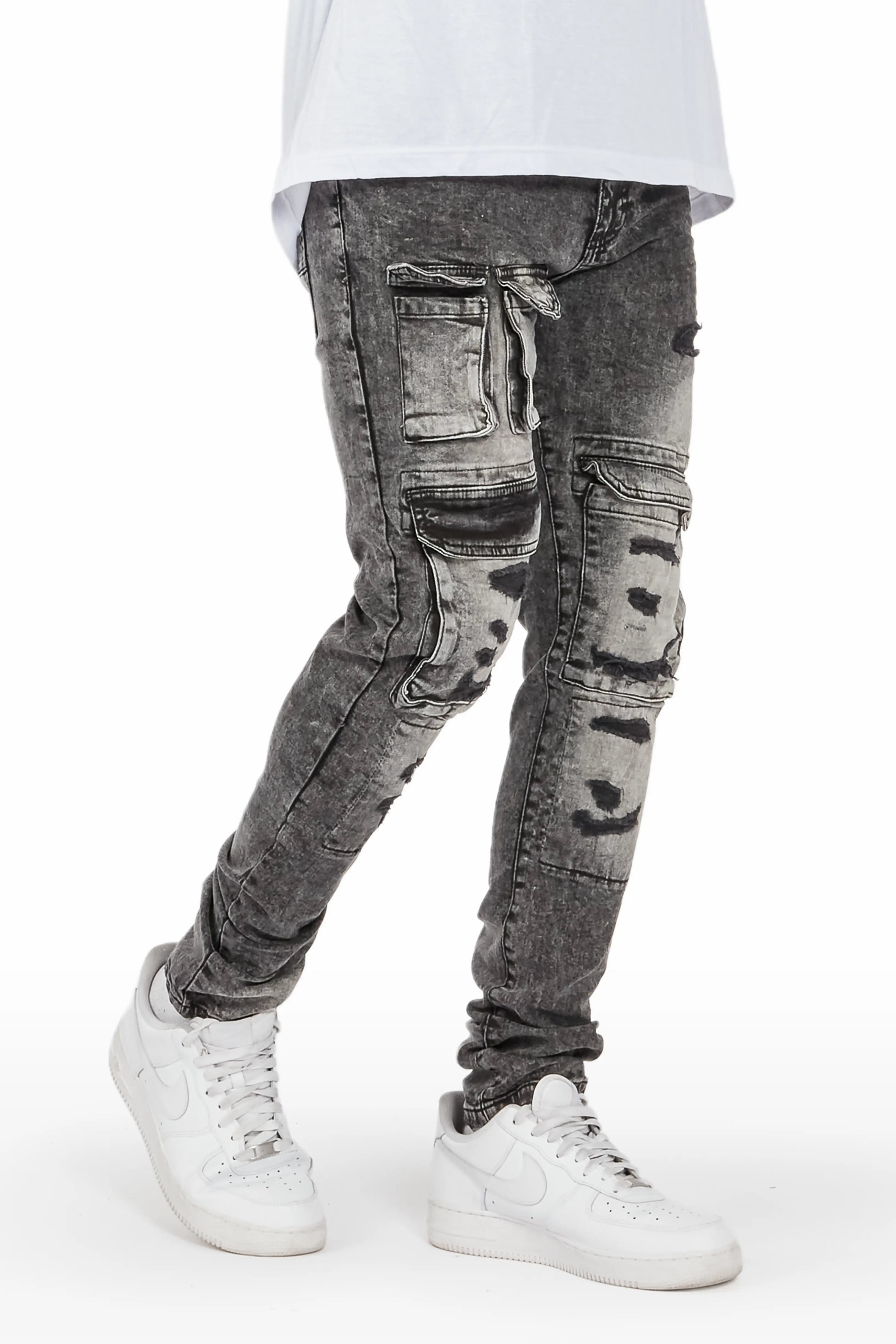 Imran Black Wash Slim Cargo Jean