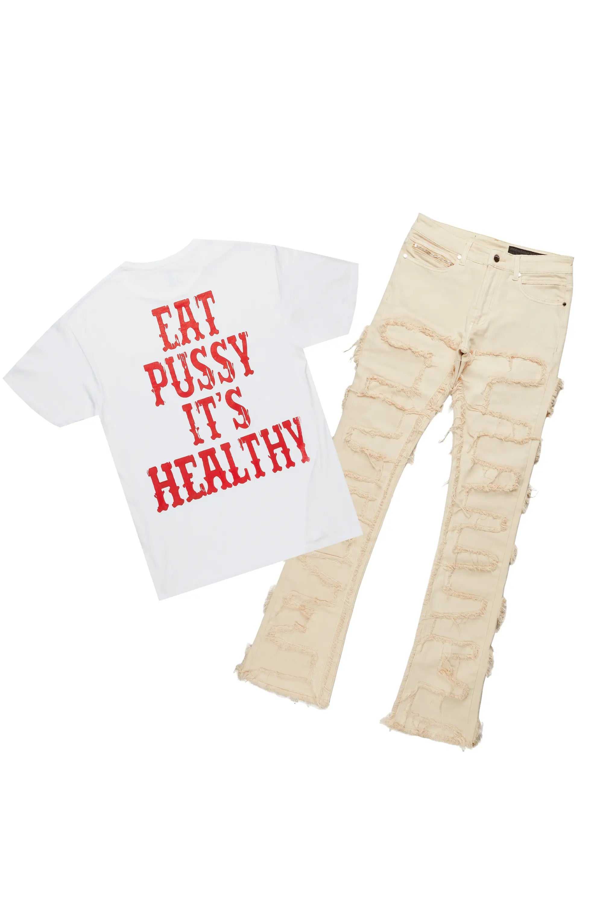 Posse White T-Shirt & Shake Beige Stacked Jean Bundle