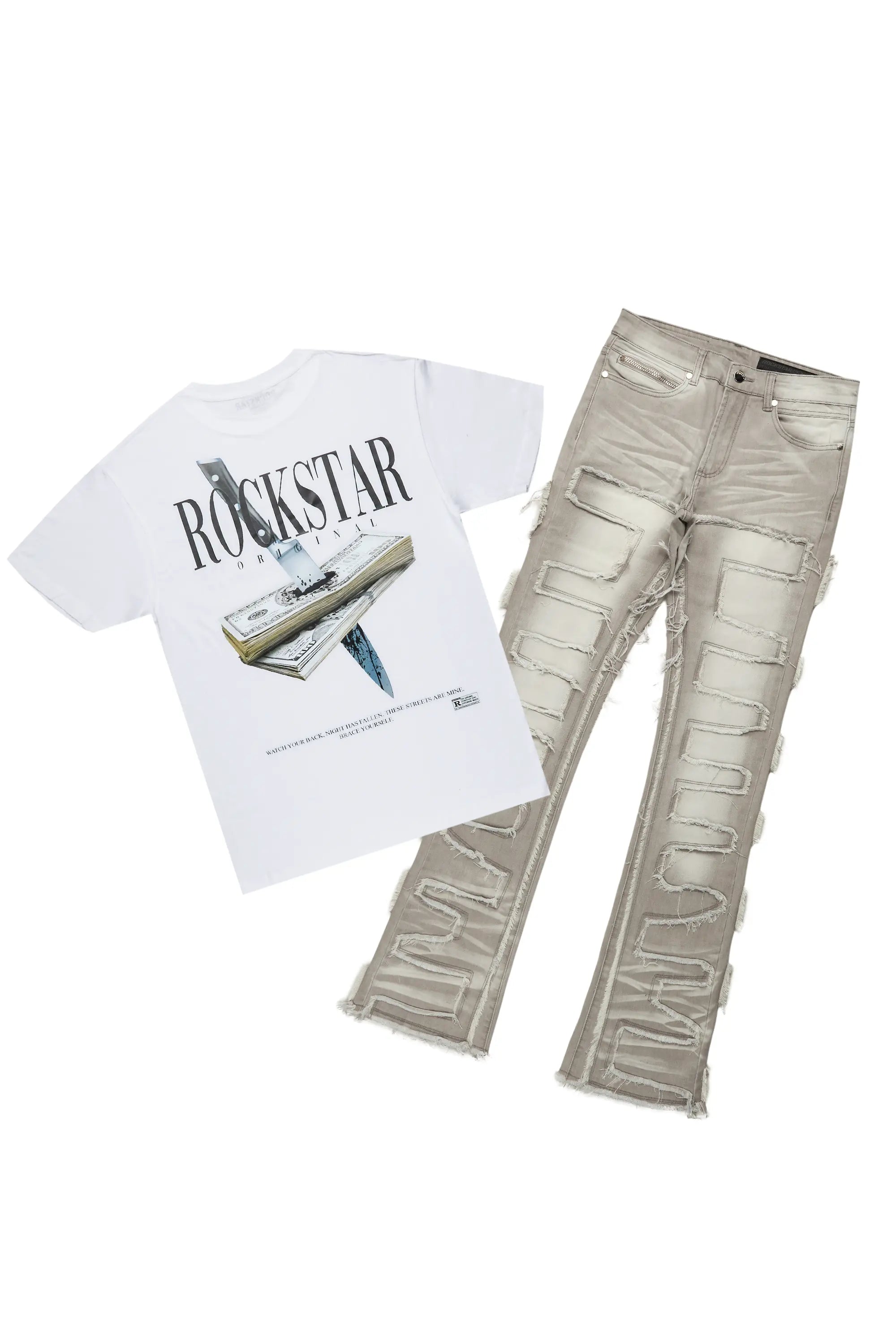 Dayte Nite White T-Shirt & Shake Grey Stacked Flare Jean