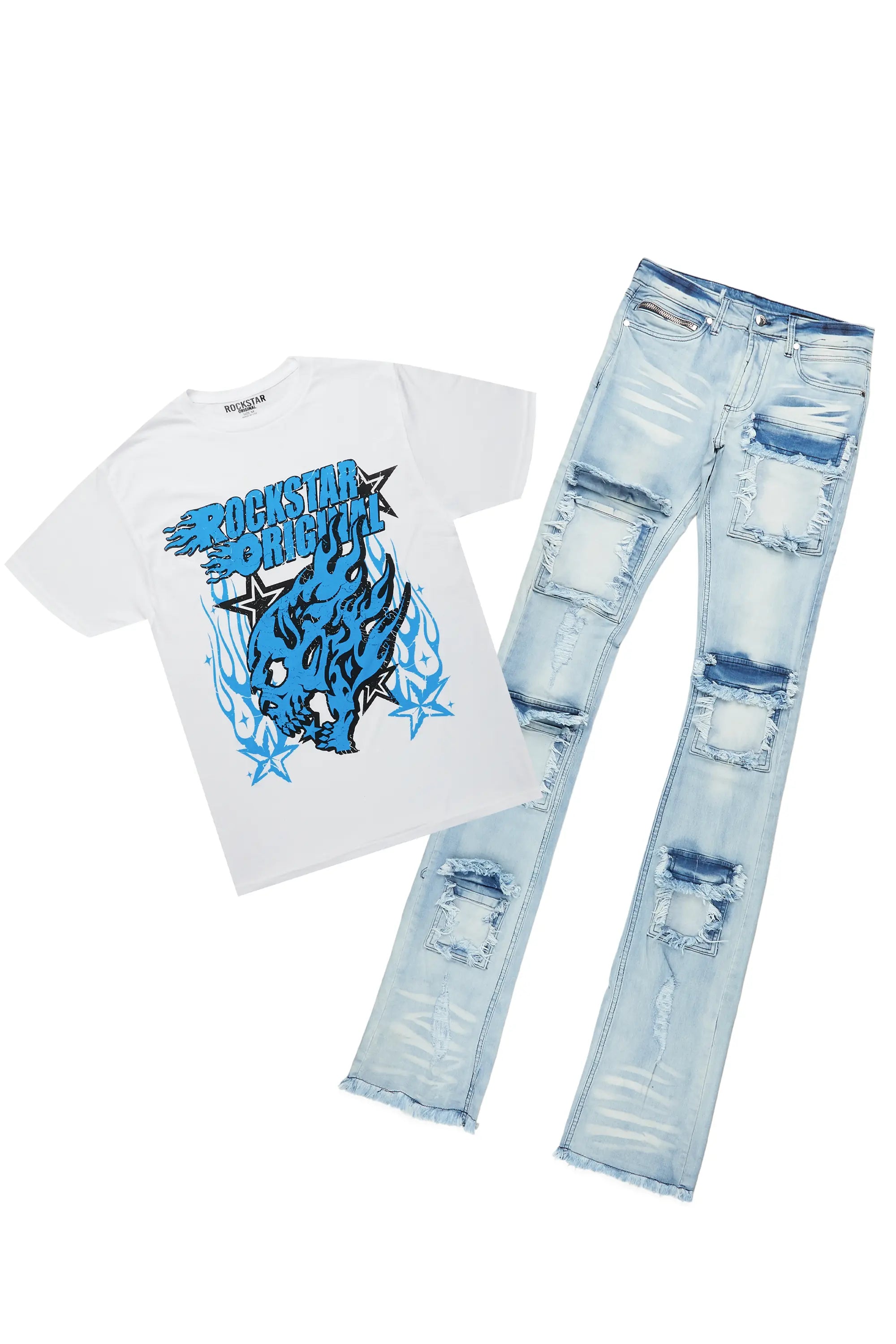 Smitty White T-Shirt & Asle Blue Super Stacked Flare Jean Bundle