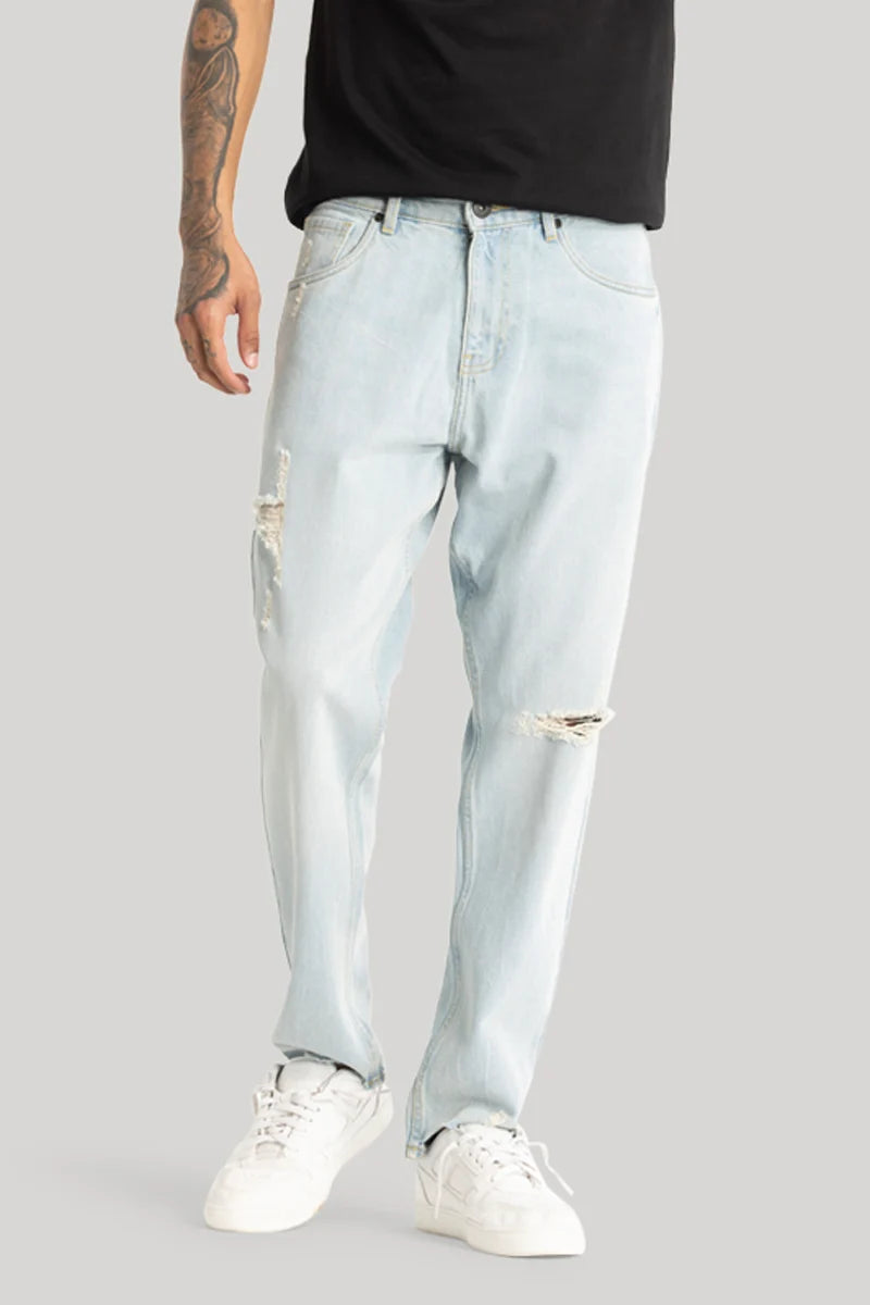 Sky Blue Distressed Baggy Fit Jeans