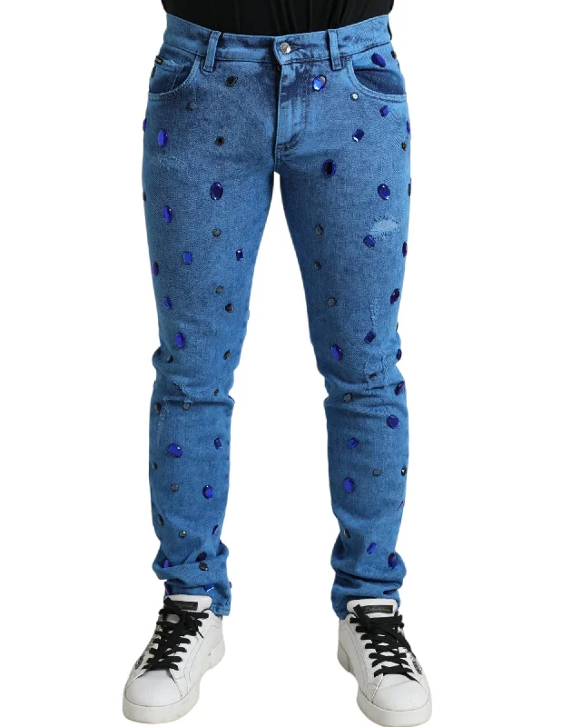 Dolce & Gabbana  Men's Blue Distressed Skinny Jeans with Crystal Embellishments